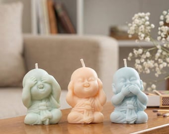 Monk Buddha Soy Candles | Meditation, Yoga Decor | "See, Hear, Know" Humor (Set of 3)