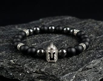Men's Spartan Helmet Bracelet, Matte Black Onyx Hematite Beads, Greek Mythology Jewelry