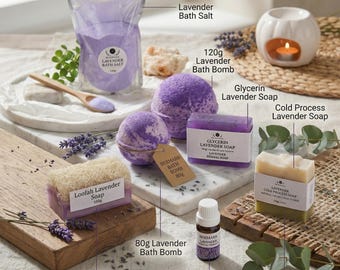 Lavender Spa Set – Cold Process Soap, Loofah, Bath Bombs, Salt, Essential Oil (Vegan)