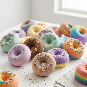 Könnte beinhalten: Eine Sammlung bunter, donut-förmiger Badekugeln in verschiedenen Farben, darunter Grün, Lila, Braun und Orange. Einige sind mit Streuseln und sternförmigen Akzenten verziert. Die Badekugeln sind auf einer weißen Oberfläche angeordnet.