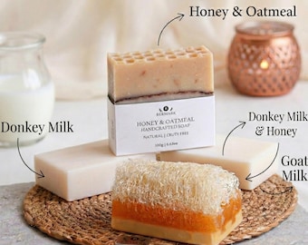 Milk and Honey Soap Set - Includes Goat Milk, Donkey Milk, Honey Oat & Loofah Soap - Artisanal Handmade Soap Bundle - Natural Skincare Gift