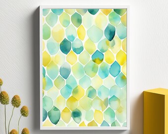 May include: A framed watercolour painting of a geometric pattern in shades of blue, green, and yellow. The pattern is made up of overlapping circles that create a sense of depth and movement.