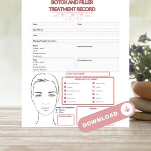 May include: A Botox and Filler Treatment Record form with a floral design at the top. The form includes sections for client information, product details, and treatment areas. A pink "DOWNLOAD" button is visible.