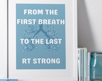 May include: A framed print with a light blue background featuring a stylised image of lungs with the text "FROM THE FIRST BREATH TO THE LAST RT STRONG".