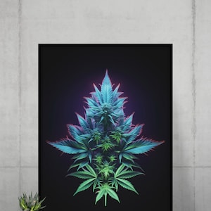 Puede incluir: Una impresión de arte digital de una planta de marihuana con hojas verdes y azules sobre un fondo negro.