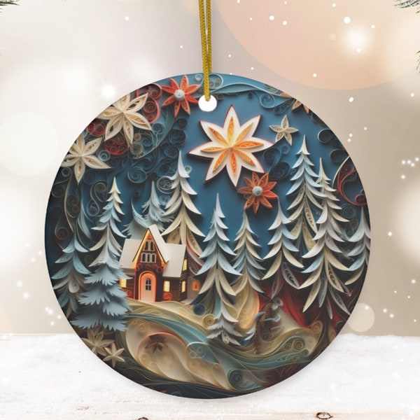 Snowy Night Christmas Ornament | 3D effect of Paper Quilling Style | Flat Ceramic Ornament | Gift exchange | Secret Santa | Christmas Gift