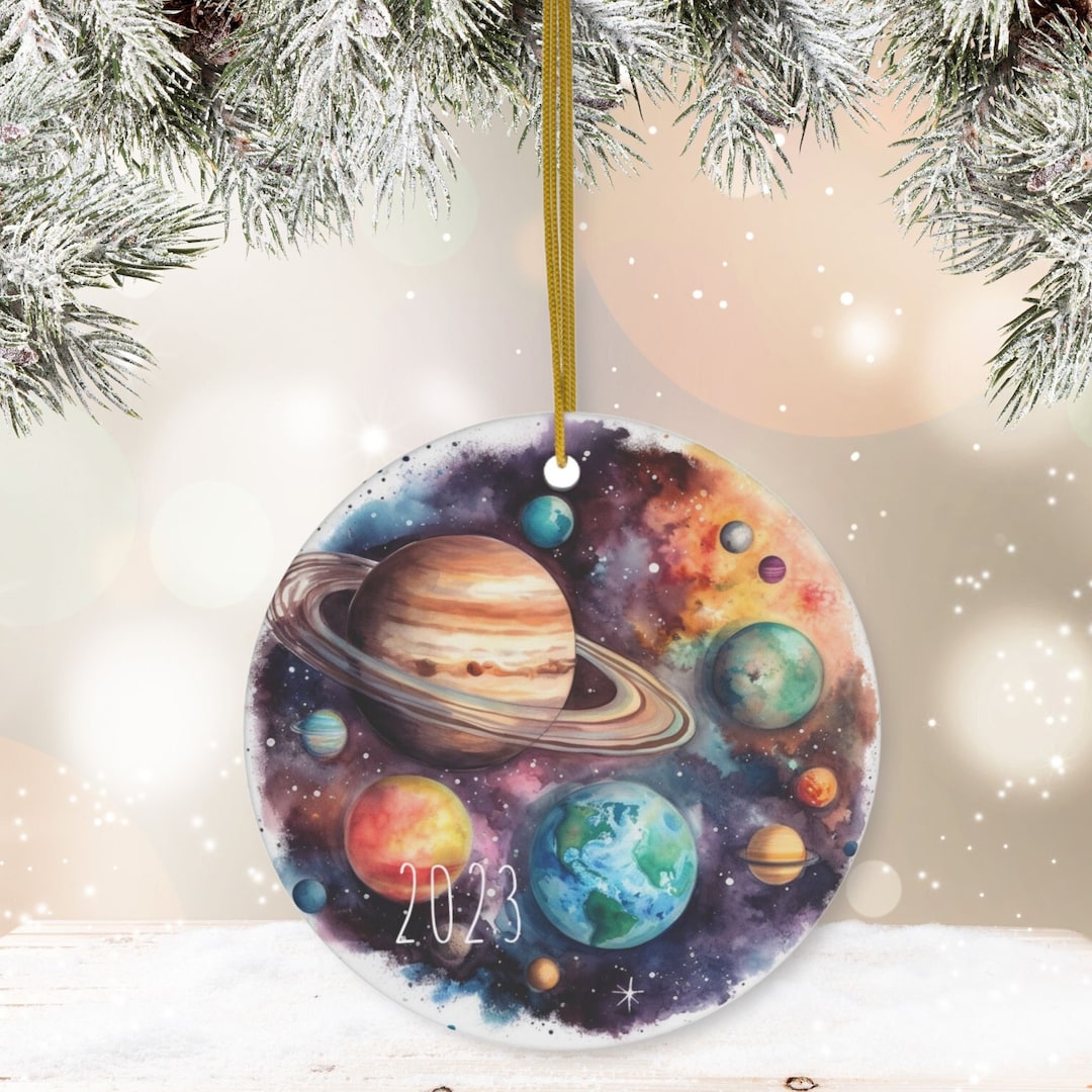 Ceramic Ornament, Watercolor Art of Solar System, Custom 2023