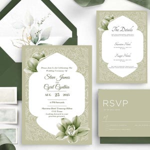 Detalhes do convite de casamento floral verde e cartão RSVP || Cartão de casamento floral verde || Pacote de casamento