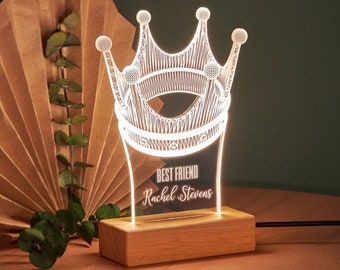 Veilleuse en forme de couronne pour le meilleur ami, lampe illusion 3D, veilleuse personnalisée, lumière LED personnalisée en cadeau pour une meilleure amie.