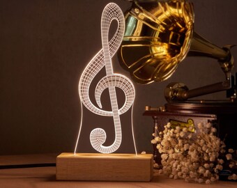 ¡Luz LED 3D en forma de clave de sol! Regalo para músicos. Piano, batería, auriculares, lámparas de escritorio Treble Clef. Regalo de luz nocturna 3D para amantes de la música