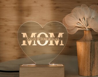 Custom Heart Lamp as First Mother's Day Gift for Mom, Minimalist New Mom Gift, Customized Lighting with Name, Bedroom Decor as Bedside Lamp