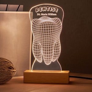 Personalized Led Lamp as Thank you Gift for Dentist with Tooth Design. Custom Desk Lamp Perfect Gift for Graduation to Dentistry Student. image 1