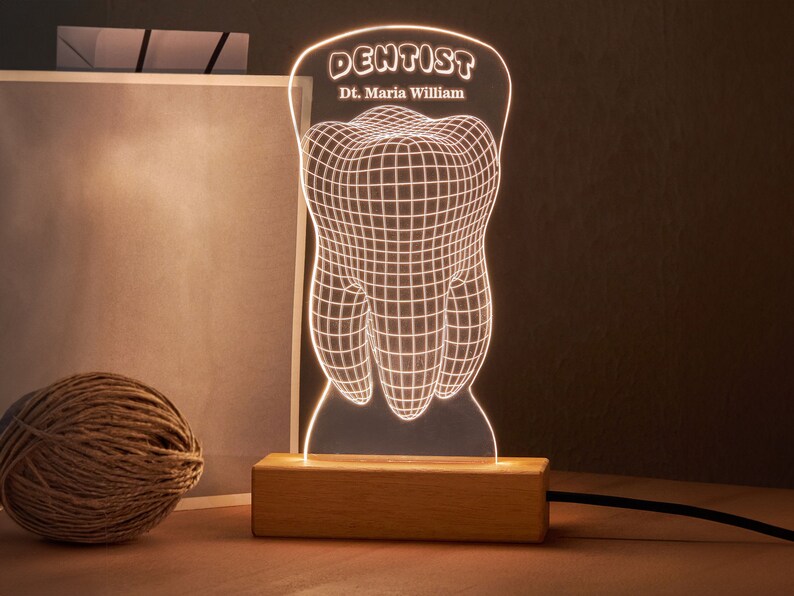 Personalized Led Lamp as Thank you Gift for Dentist with Tooth Design. Custom Desk Lamp Perfect Gift for Graduation to Dentistry Student. image 1