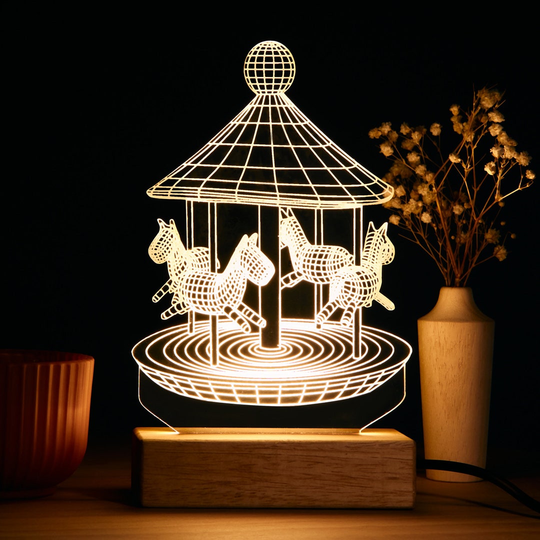 Carousel Design 3D Led Light. Carousel Night Light Gift for Doughter. 3D Led Lamp for Children