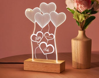 Personalized 3D Heart Designed Lamp as Gifts for Her. Custom Acrylic Lamp as Anniversary Gift for Wife. Custom Led Lamp Gift for Girlfriend