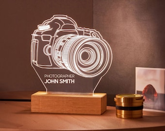 Lampe LED pour appareil photo, cadeau pour photographe, lampe illusion 3D, veilleuse pour amateur de photographie. Cadeau personnalisé avec lumière LED pour appareil photo pour photographe.