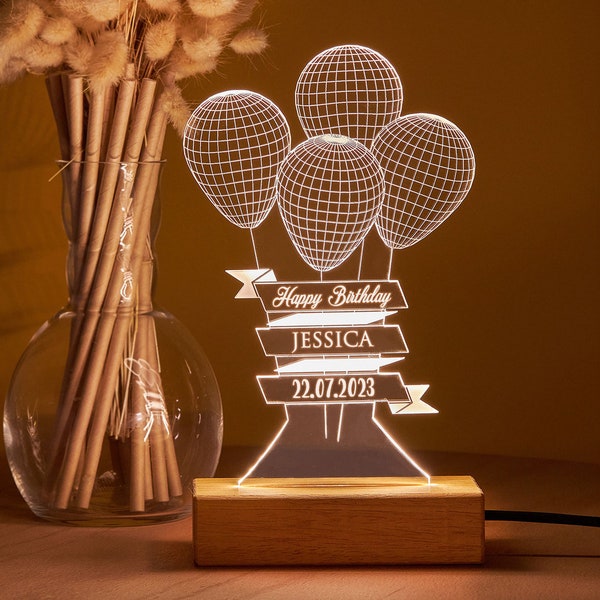 Luce notturna personalizzata per la cameretta dei bambini come regalo di compleanno con design a palloncini. Lampada a Led Personalizzata per la Cameretta del Bambino. Lampada da notte in acrilico 3D regalo per bambino