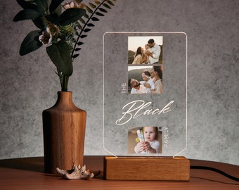 Family Name Sign as Acrylic Desk Name plate, Custom Photo Collage LED Light as Office Desk Decor for Him Her, Personalized Home Decor Idea