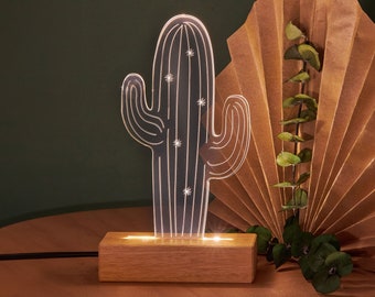Cactusvormig LED-licht als cactusliefhebbercadeau, Mexicaanse kunst, woestijnkunst, Cactusdecor als 3D-nachtlampje, sfeerverlichting cadeau voor hem