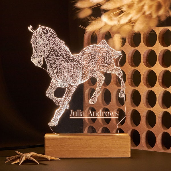 Veilleuse cheval ! Lampe illusion 3D, veilleuse 3D pour amateur de chevaux. Lampe LED personnalisée en cadeau pour lui. Lampe cheval, lampe personnalisée