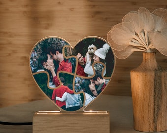 Lampe LED photo avec casse-tête en forme de coeur personnalisé, lampe LED personnalisée en cadeau pour elle, veilleuse LED avec collage photo coeur personnalisé