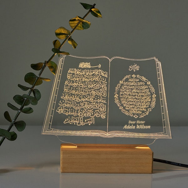 Personalisierte Koran Vers 3D LED Lampe, Koran 3D Illusion Nachtlicht, Das Heilige Buch als Nachttischlampe, Ramadan Muslim Geschenk für Islamische Raumdeko