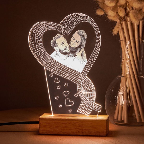 Lampe LED 3D personnalisée avec photo comme cadeau d'anniversaire pour elle. Lampe LED personnalisée en cadeau de lampe de nuit romantique pour femme.