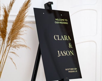 Elegantes Willkommensschild aus schwarzem Acryl, Willkommensschild für die Zeremonie, personalisiertes Hochzeitsschild