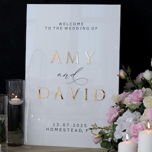 White Wedding Sign-White Acrylic Wedding Sign With 3D Gold Mirror Names- White Wedding Reception Sign-Welcome To Sign Wedding-Welcome Decor