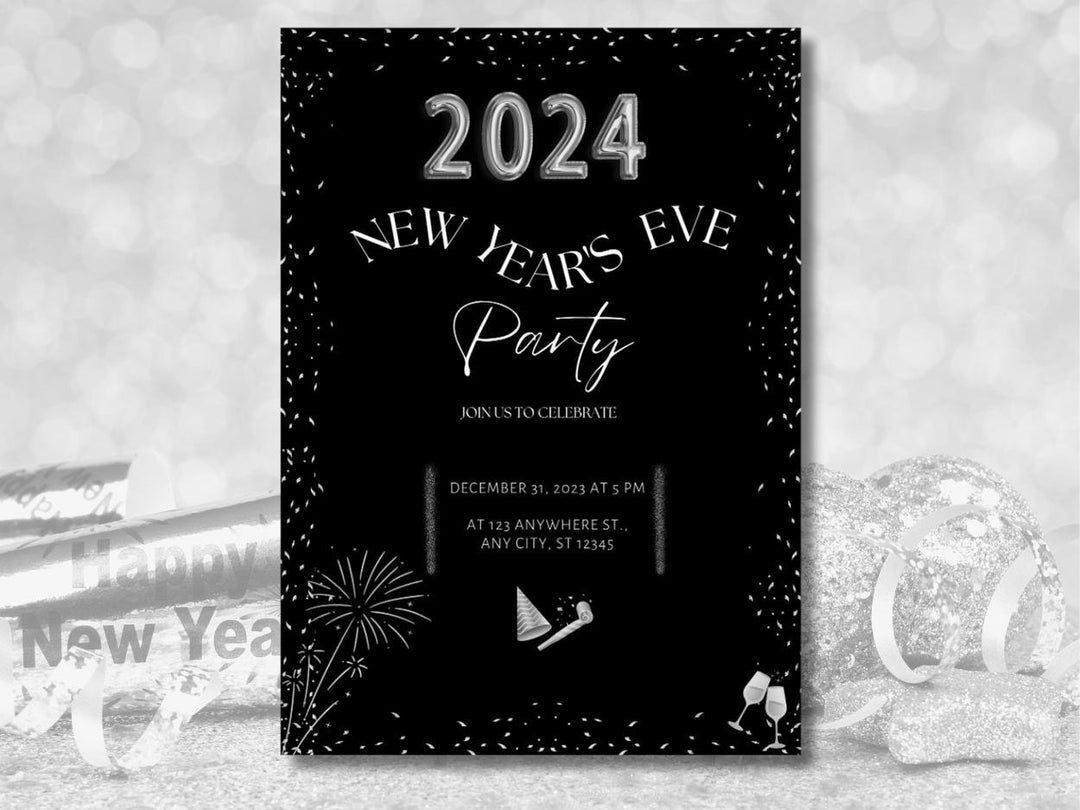 New Year's Eve Invitation 2024 Black and Silver Editable Etsy
