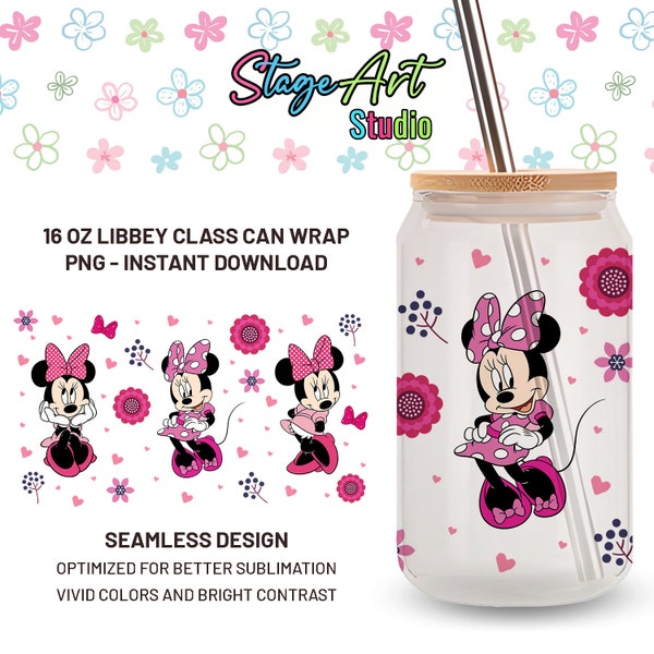 Minnie Mouse Style 16oz Glass Can Wrap, Cartoon Wrap, 16oz Can Glass, Minnie Mouse Glass Can Wrap, Minnie Cartoon Libbey Glass Can Wrap SVG