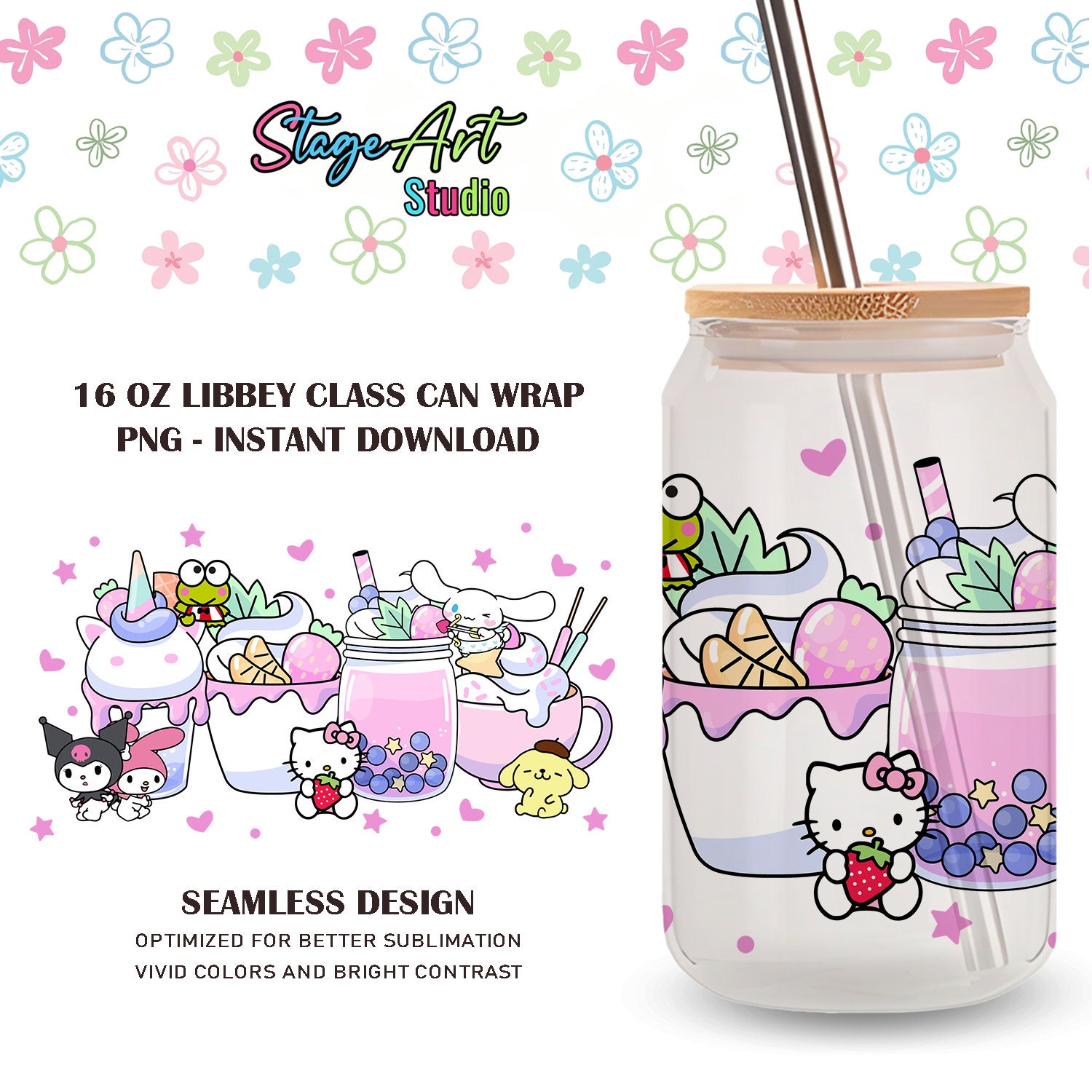Kawaii Kkity Pink Glass Wrap Svg Cartoon Glass Can Wrap 16oz - Etsy