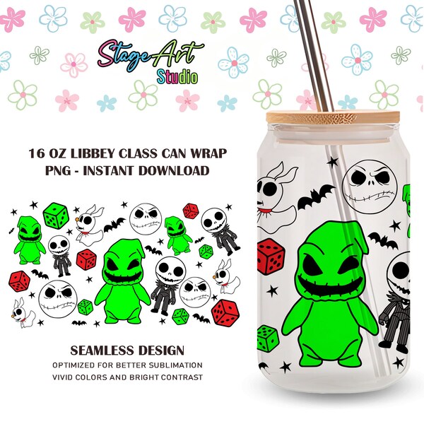 Halloween Spooky Boogie Glass Wrap, 16oz Libbey Glass Can Wrap, Spooky Boogie Funny Scary Horror, Spooky Dice Nightmare before Christmas PNG