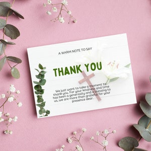 Tarjeta de agradecimiento cristiana blanca y verde, tarjeta de agradecimiento con tema de flor y cruz, gratitud a los asistentes por eventos y reuniones de la iglesia