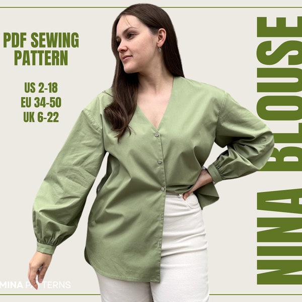 Nina Woman Buttoned Blouse Shirt Loose Fit Bishop Sleeve PDF Digital Sewing Pattern Tutorial For Beginners sizes EU 34 - 50 US 2 - 18
