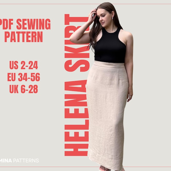 Helena Woman Straight Maxi Skirt Elastic Waistband PDF Digital Sewing Pattern with Tutorial For Beginners sizes EU 34 - 56 US 2 - 24