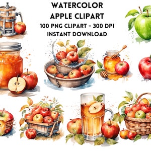 Pacote de clipart de maçã aquarela com 100 arquivos PNG | Alta resolução | Gráficos PNG | Pacote | Uso comercial | 300 DPI | Download instantâneo