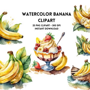 Aquarelle banane Clipart 25 fichiers PNG | Haute résolution | Graphiques | Pack | Utilisation commerciale |  300 ppp | Téléchargement instantané