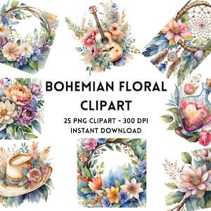 Acquerello Boho Floral Clipart 25 file PNG / Alta risoluzione / Grafica / Pacchetto / Uso commerciale / 300 DPI / Download istantaneo
