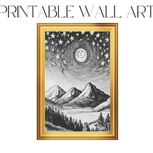 Druckbare Kunst für die Wand - Ein sternenklarer Nachthimmel, gefüllt mit funkelnden Sternen und einem schimmerndem Mond - JPG - 300 dpi - Download - Mikkuz Art
