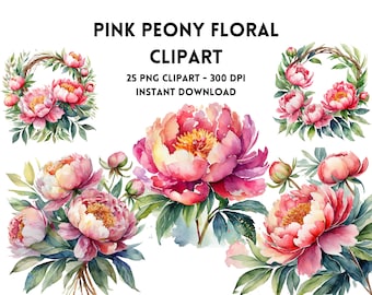Watercolor Pink Peony Clipart 25 PNG Files | High Resolution | Graphics | Bundle | Commercial Use |  300 DPI | Instant Download