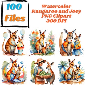Aquarelle kangourou et Joey Clipart 100 fichiers PNG | Haute résolution | Graphiques | Pack | Utilisation commerciale |  300 ppp | Téléchargement instantané