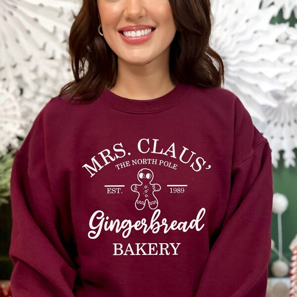 Mme Claus Gingerbread Bakery Crewneck, Sweat-shirt de Noël pour femmes, Cadeau de Noël drôle pour maman, Pull femme pour femme, Noël rétro