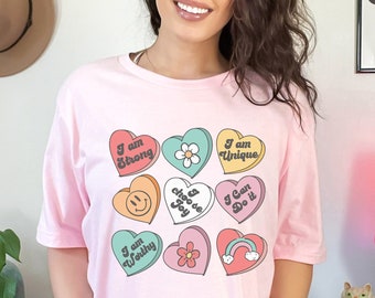 Afirmaciones positivas Camisa de corazones de caramelo, Regalo de San Valentín para maestra, Camisa de mujer feminista Regalo del día de San Valentín, Camisa de corazón retro para enfermera