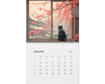 Calendario de pared Sakura Cats 2026, calendario mensual de cerezos en flor, calendario ilustrado de 12 meses de inspiración japonesa, planificador de decoración de pared para colgar.