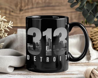 Detroit Michigan 313 Skyline Mug Cityscape Coffee Cup Motor City Pride Urban Travel Souvenir Gift Graphic Present