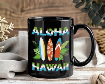 Hawaiian Mug, Aloha TShirt, Hawaii Cup, Vintage Hawaii, Hawaiian Vacation, Travel Hawaii, Surfer Surfing, Hawaiian Gift Present Mugs