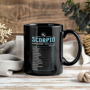 May include: Black ceramic mug with the word "SCORPIO" in light blue, along with a list of personality traits and percentages. The mug has a large handle and is designed with a zodiac theme.