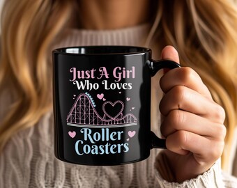 Girl Who Loves Roller Coasters Mug, Kids Theme Park Coffee Cup, Amusement Ride Tea Drinkware, Thrill Seeker Party Gift, Blush Heart Keepsake