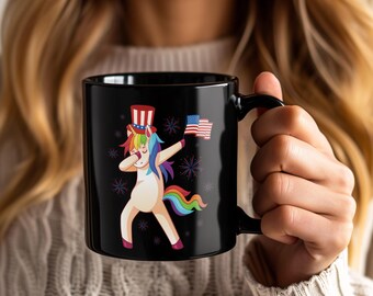 Dabbing Unicorn 4th of July Mug – Funny Coffee Cup Tea Mugs Patriotic Independence Day USA Flag Merica Fourth of July Celebration Mugs